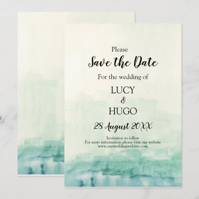 Reserva La Fecha Boda de boho acuarela azul Ombre (Anverso / Reverso)