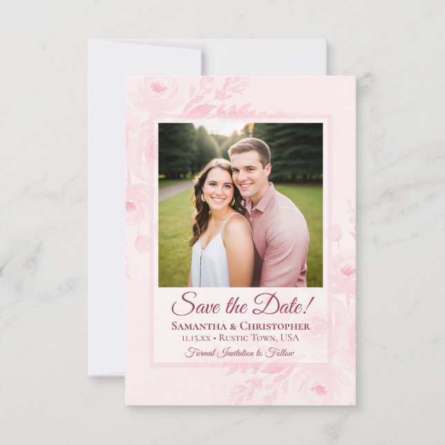 Reserva La Fecha Boda de Boho Chic Rosa con Peonías y Foto (Anverso)