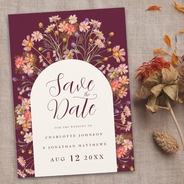 Reserva La Fecha Boda de Boho Fall Rustic Wildflower (Floral wildflower arch boho rustic fall wedding save the date invitation Romantic script)