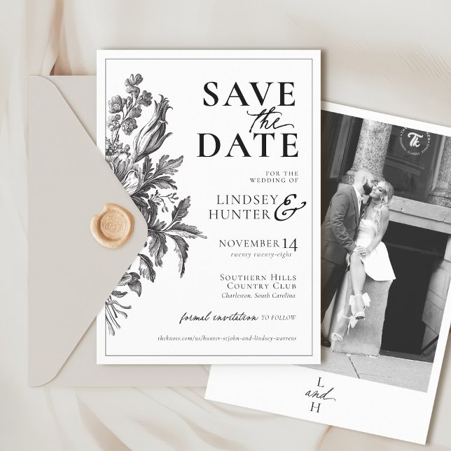Reserva La Fecha Boda de Boho Floral Blanco y Negro (Vintage romantic floral black and white elegant photo monogram classic modern wedding save the Date)