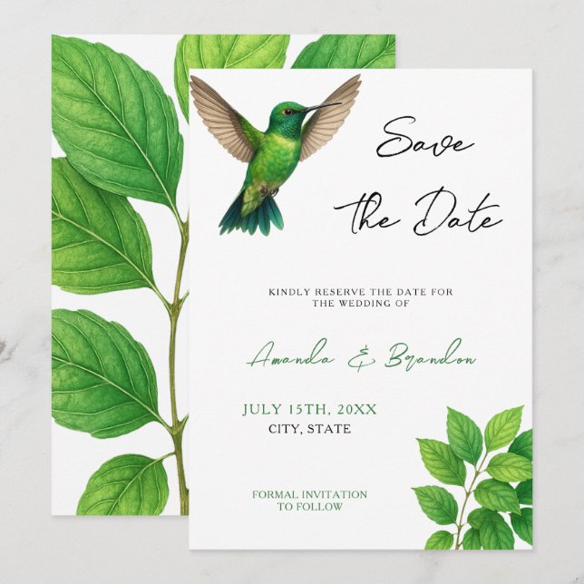 Reserva La Fecha Boda de borde botánico de leafy Green Hummingbird (Anverso / Reverso)