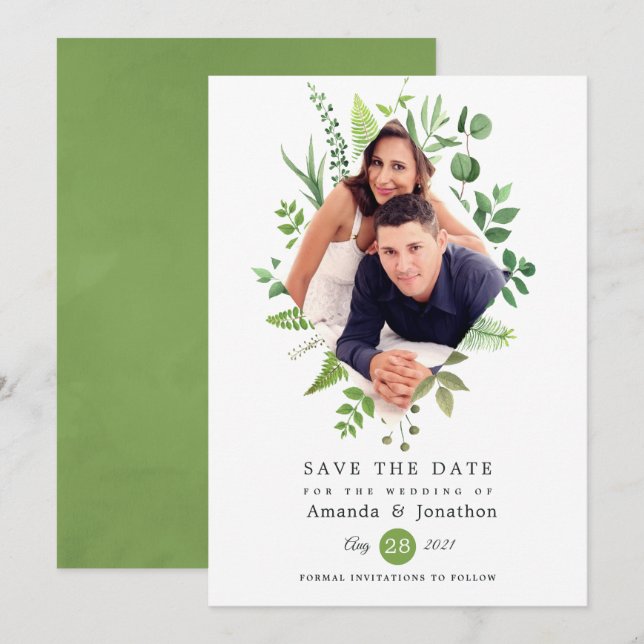 Reserva La Fecha Boda de bosque arbolado verde (Anverso / Reverso)