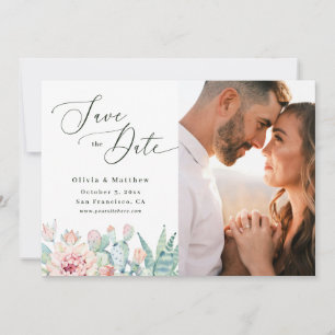 Reserva La Fecha Boda de Cactus con Acuarela   Foto Floral Boho