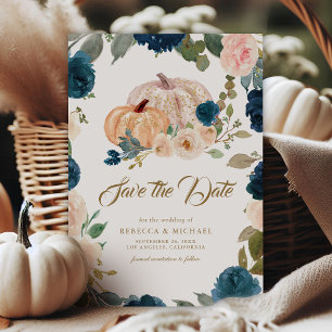 Reserva La Fecha Boda de calabaza floral Navy Blue Gold