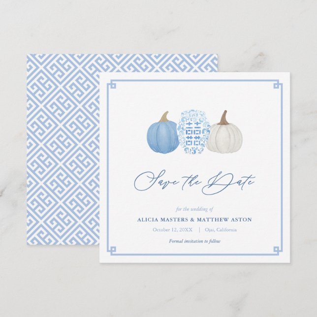 Reserva La Fecha Boda De Calabazas Chinoiserie De Caída Azul Y Blan (Anverso / Reverso)