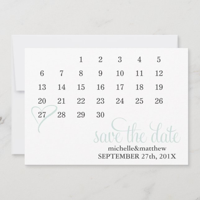 Reserva La Fecha Boda de calendario de corazón de menta Guardar la  (Anverso)
