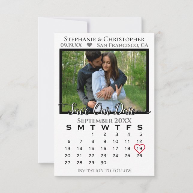 Reserva La Fecha Boda de calendario y fotografía simple y elegante (Anverso)