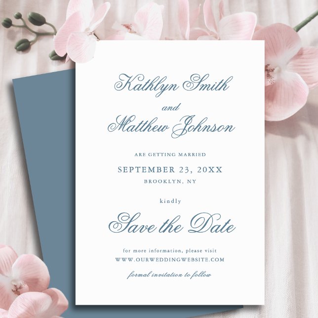 Reserva La Fecha Boda de caligrafía clásica Dusty Blue Elegant (Subido por el creador)
