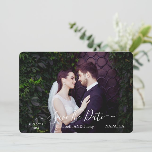 Reserva La Fecha Boda de Caligrafía Negra y Blanca Clásica Elegante (Anverso de pie)