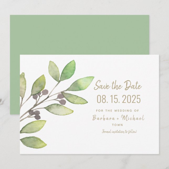 Reserva La Fecha Boda de Caligrafía Simple con Vegetación Mínima (Anverso / Reverso)