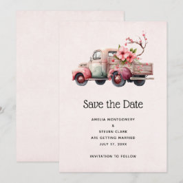 Reserva La Fecha Boda de camiones de granjeros de cosecha rosa
