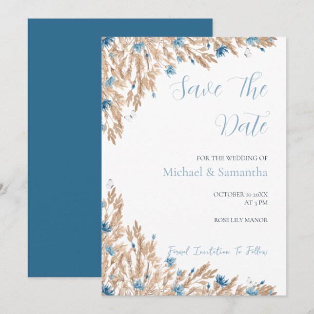 Reserva La Fecha Boda de campos de campo azul en polvo (Anverso / Reverso)