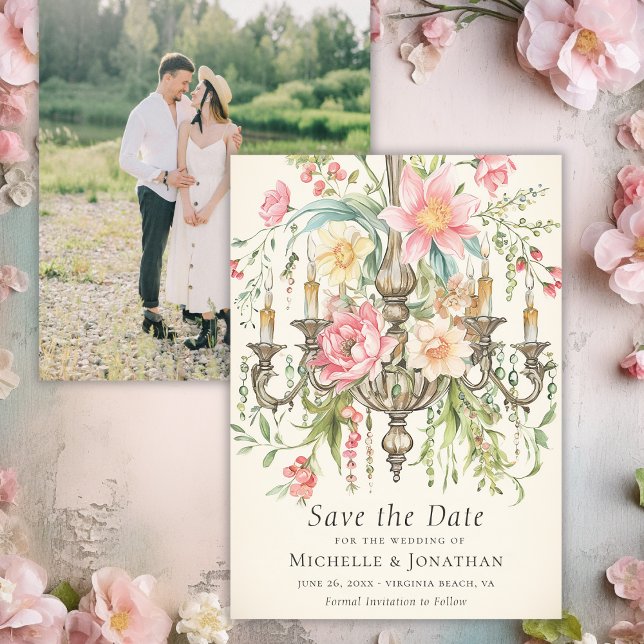 Reserva La Fecha Boda de candelabro floral acuarela acuarela (Watercolor Floral Chandelier Wedding Photo Save The Date)