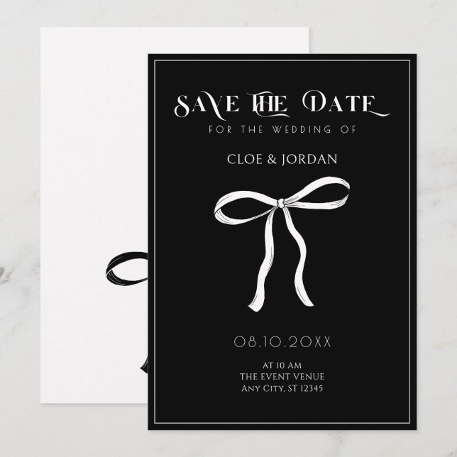 Reserva La Fecha Boda de cinta de arco blanco y negro (Anverso / Reverso)