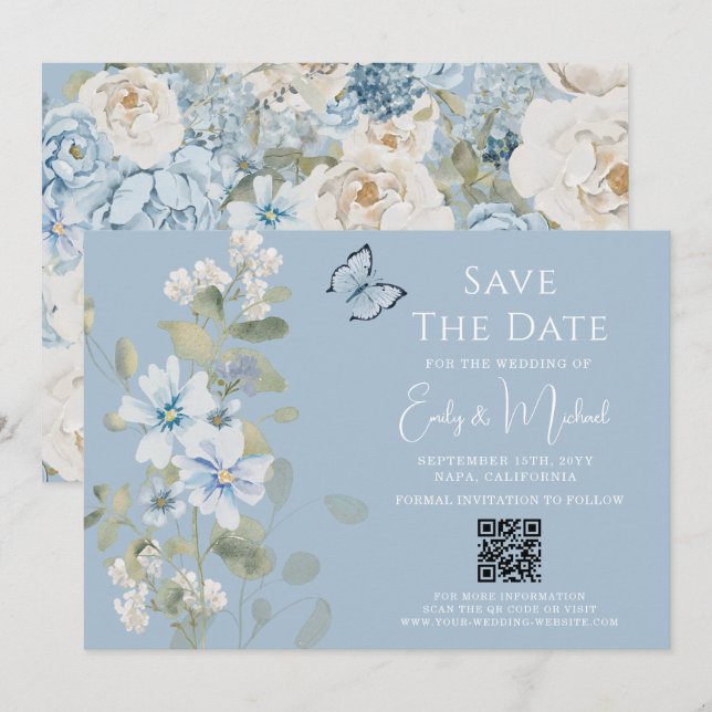 Reserva La Fecha Boda de código QR con floral azul oxidado (Anverso / Reverso)