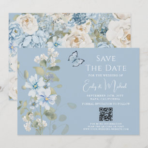 Reserva La Fecha Boda de código QR con floral azul oxidado