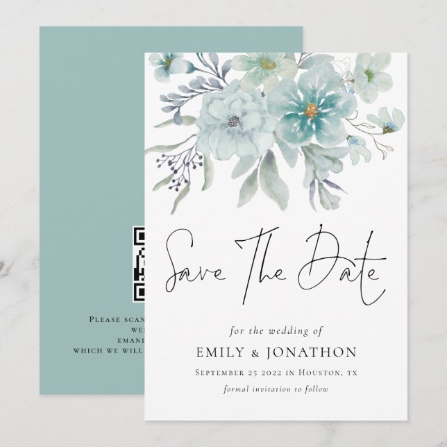 Reserva La Fecha Boda de código QR de Sea Mist Verde azulada Floral (Anverso / Reverso)
