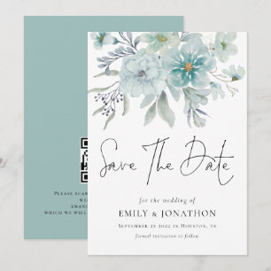 Reserva La Fecha Boda de código QR de Sea Mist Verde azulada Floral
