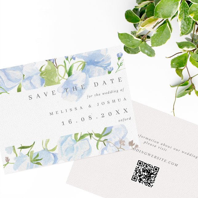Reserva La Fecha Boda de código QR floral azul claro moderno (Subido por el creador)