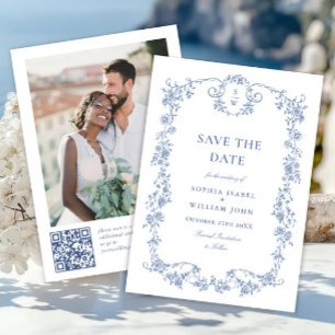 Reserva La Fecha Boda de código QR floral azul Victoria Ornate Grac
