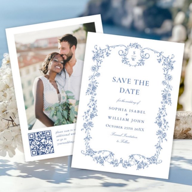 Reserva La Fecha Boda de código QR floral azul Victoria Ornate Grac (Subido por el creador)