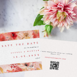 Reserva La Fecha Boda de código QR floral de color rojo y rosa