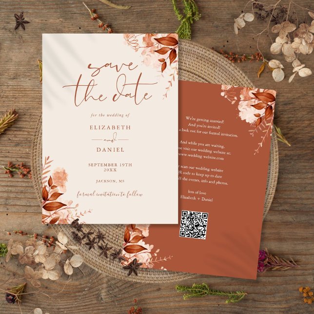Reserva La Fecha Boda de código QR floral rústico de otoño (Autumn Fall Rustic Floral QR Code Wedding Save The Date)