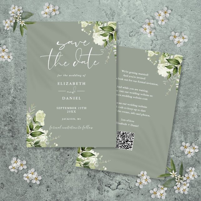 Reserva La Fecha Boda de código QR verde de la salchicha floral de  (Greenery Floral Sage Green QR Code Wedding Save The Date)