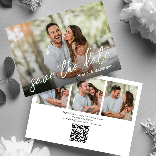 Reserva La Fecha Boda de Collage de fotos simple (Simple wedding save the date photo card with a scannable QR code. )