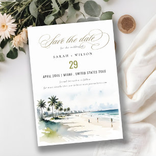 Reserva La Fecha Boda de color acuático de palmeras costeras de Mia
