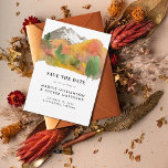 Reserva La Fecha Boda de color de agua ruso otoño de montaña foto<br><div class="desc">Foto de Save the Date, un Boda de la montaña rusa acuarela de otoño, con un magnífico paisaje montañoso de otoño con tipografía moderna. En la parte trasera de Save the Date se muestra una foto de la novia y el Groom con todo su color. La invitación forma parte de...</div>