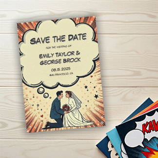 Reserva La Fecha Boda de Cómic Retro Vintage de Novia y Novio Pop A