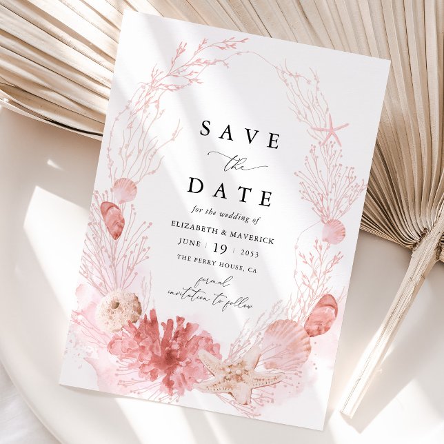 Reserva La Fecha Boda de conchas marinas costeras de la playa Blush (Blush Coastal Seashell Save the Date Card Pink Beach Destination Wedding Stationery)