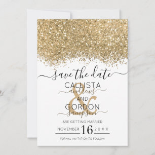 Reserva La Fecha Boda de Confeti Brillante Blanco Dorado de Lujo Mo