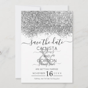 Reserva La Fecha Boda de Confeti Brillante Blanco Plateado de Lujo