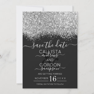 Reserva La Fecha Boda de Confeti Brillante Negro Plateado de Lujo