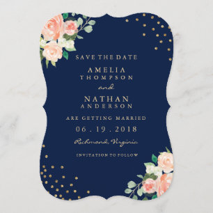 Reserva La Fecha Boda de Confeti Floral Dorado Azul Marino Save The