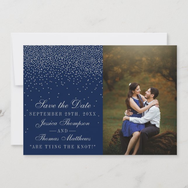Reserva La Fecha Boda de Confetti Azul y Glam Plata de Marina (Anverso)