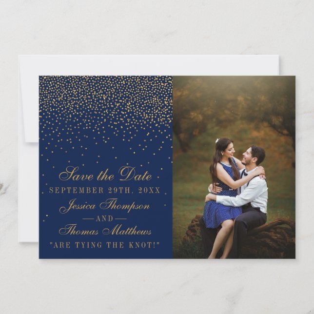 Reserva La Fecha Boda de Confetti Navy Blue & Glam Gold (Anverso)