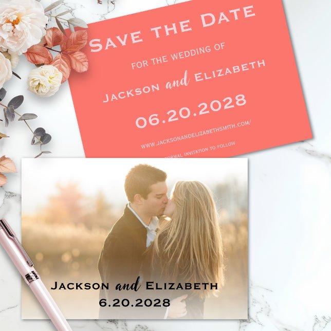 Reserva La Fecha Boda de Coral Moderno Simple y Fotográfico Rosa (Photo Wedding Save the Date in Coral and Pink)