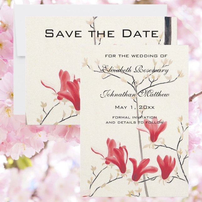 Reserva La Fecha Boda de cosecha, árbol de magnolia rosada japonés (Vintage Wedding, Japanese Pink Magnolia Tree Save the Date Announcements)
