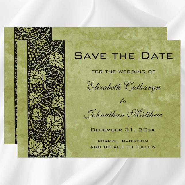 Reserva La Fecha Boda de cosecha, hojas de vid de uva victorianas (Vintage Wedding, Victorian Grape Vine Leaves Save The Date)