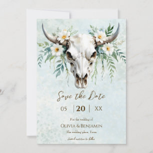 Reserva La Fecha Boda de cráneo de vaca floral de acuarela bohemia