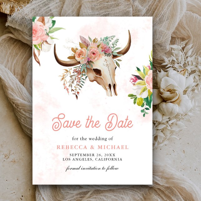 Reserva La Fecha Boda de cráneo de vaca floral tribal boho (Subido por el creador)