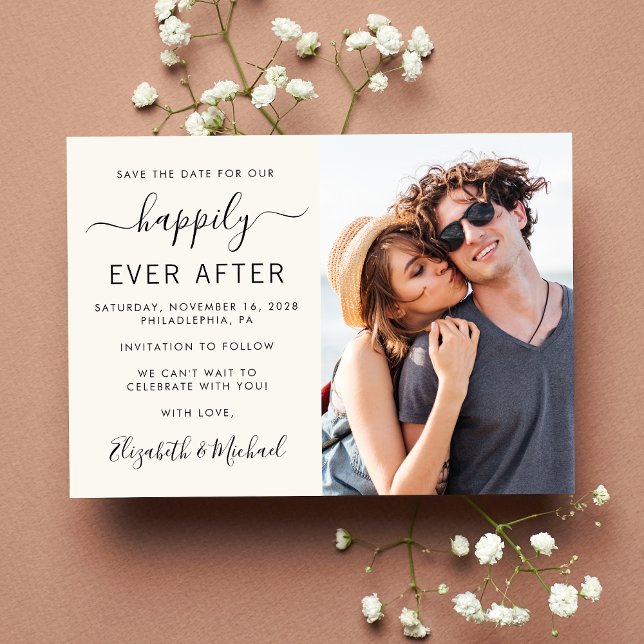 Reserva La Fecha Boda de crema de fotos moderna (A chic happily ever after photo save the date announcement card)
