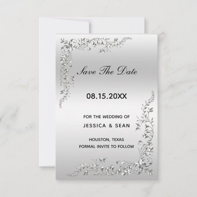 Reserva La Fecha Boda de decoración plateada (Anverso)