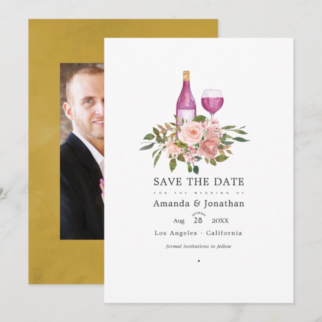 Reserva La Fecha Boda de degustación de vinos con toque floral rosa (Anverso / Reverso)