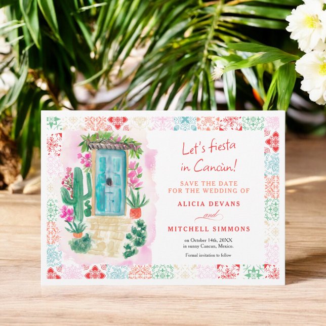 Reserva La Fecha Boda de destino de aguas tropicales de México (Mexico tropical watercolor destination wedding save the date)