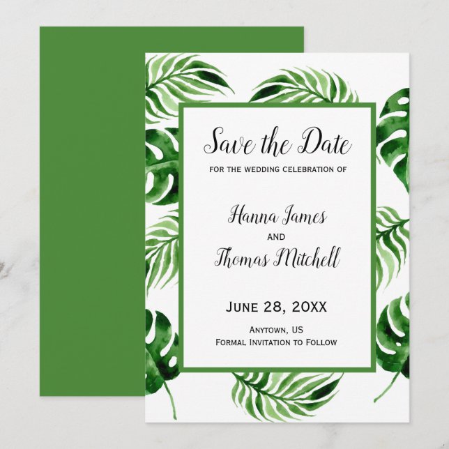 Reserva La Fecha Boda de destino de la hoja de palma tropical (Anverso / Reverso)