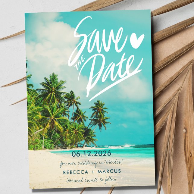 Reserva La Fecha Boda de destino de playa de fotos tropicales (Tropical Photo Beach Destination Wedding Save The Date)